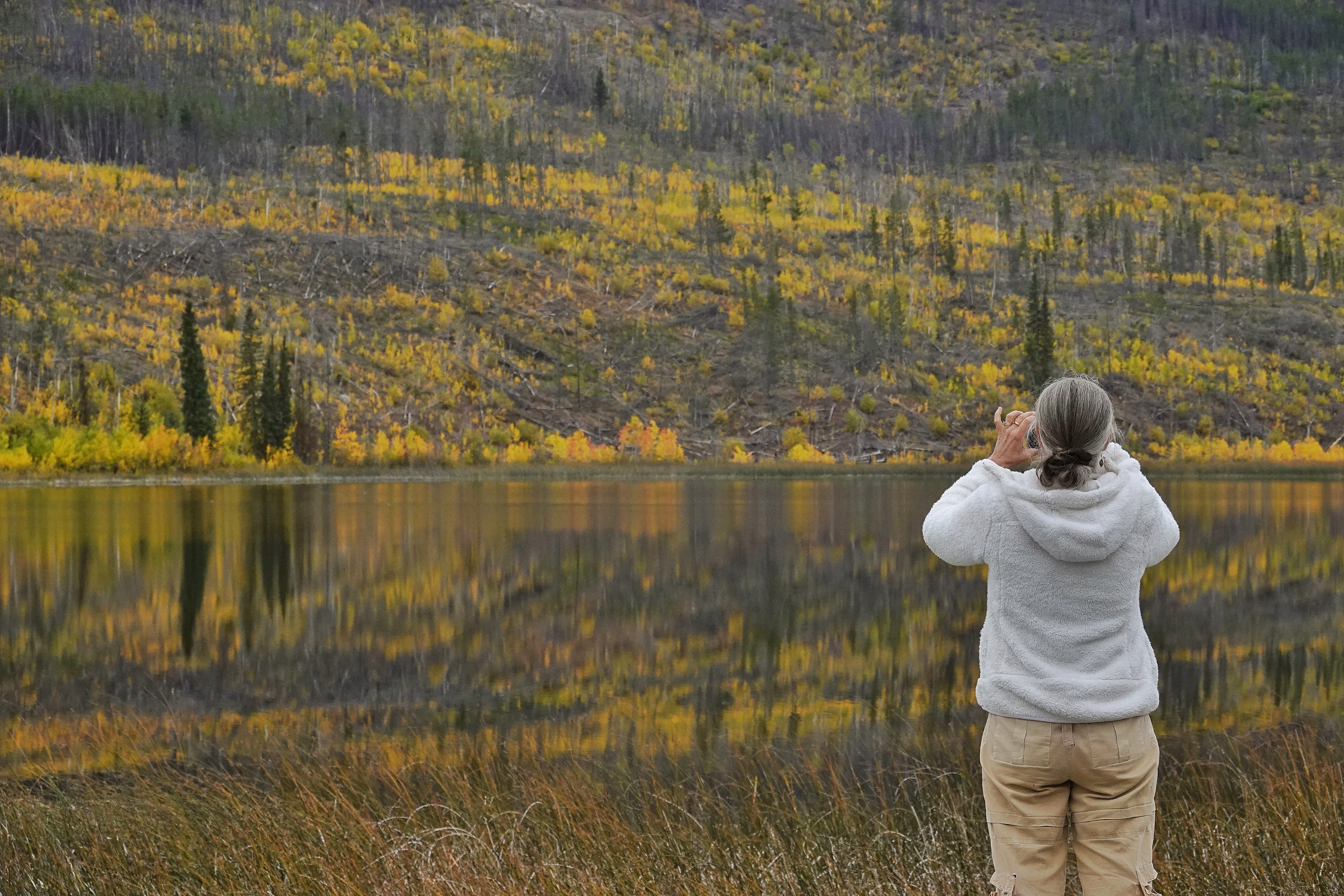 Isabelle regardant les paysages d'automne sur la route de Bella Coola